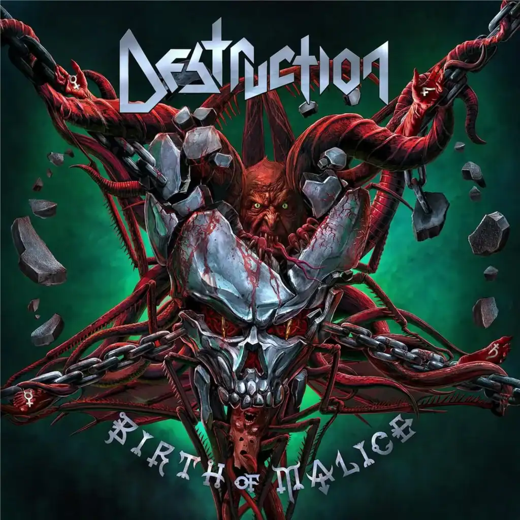 Dark artwork of a demonic creature with chains and horns, symbolizing destruction and malice.